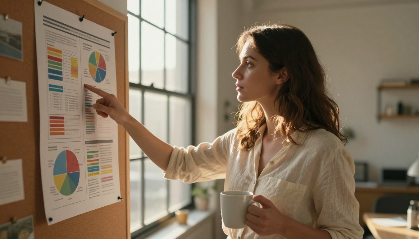 Professional woman studying an AI-generated infographic pinned to a cork board