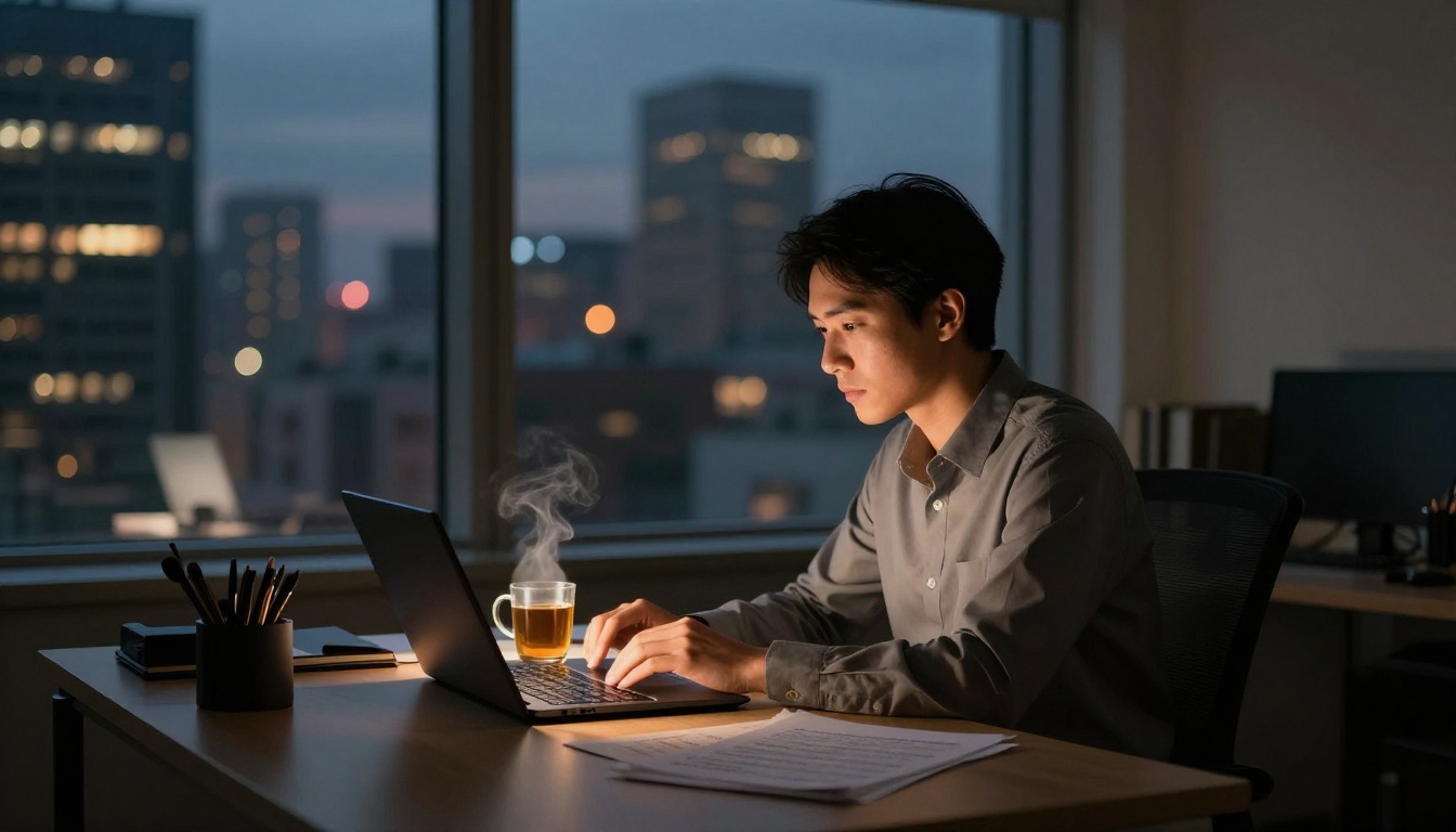 Professional working late at glowing laptop desk, warm screen light on face, city lights in bokeh background through dusk office window
