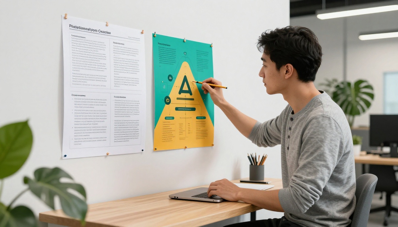 Data scientist at standing desk comparing two printed infographic versions side by side