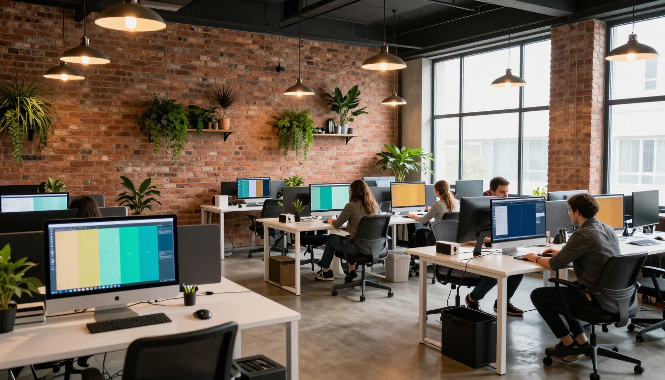 Open-plan co-working space with multiple designers working on infographic projects at their screens