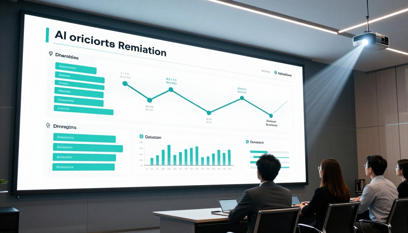 Large wall-mounted display screen showing a professional AI infographic in a sleek conference room