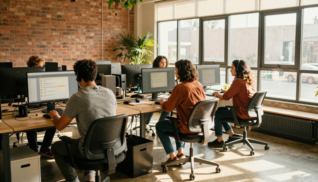 A diverse customer support team reviewing AI-generated replies on screens in a bright collaborative office