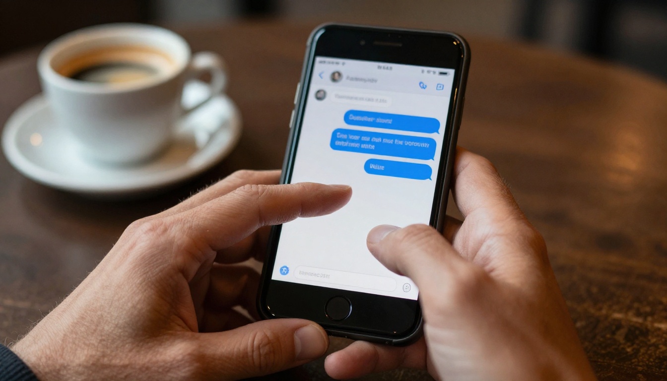 Close-up of a customer's hands composing a support message on a smartphone in a cafe