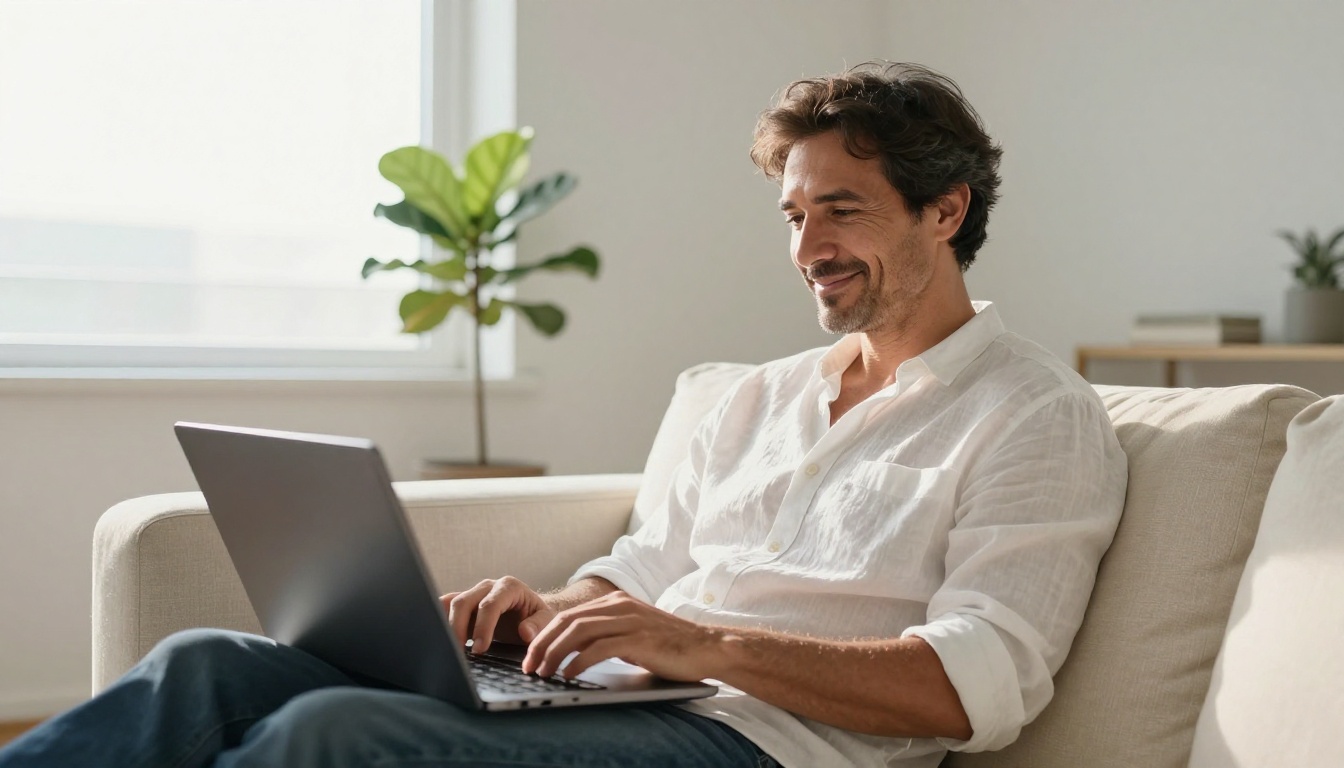 A satisfied customer smiling while reading a support reply on his laptop at home