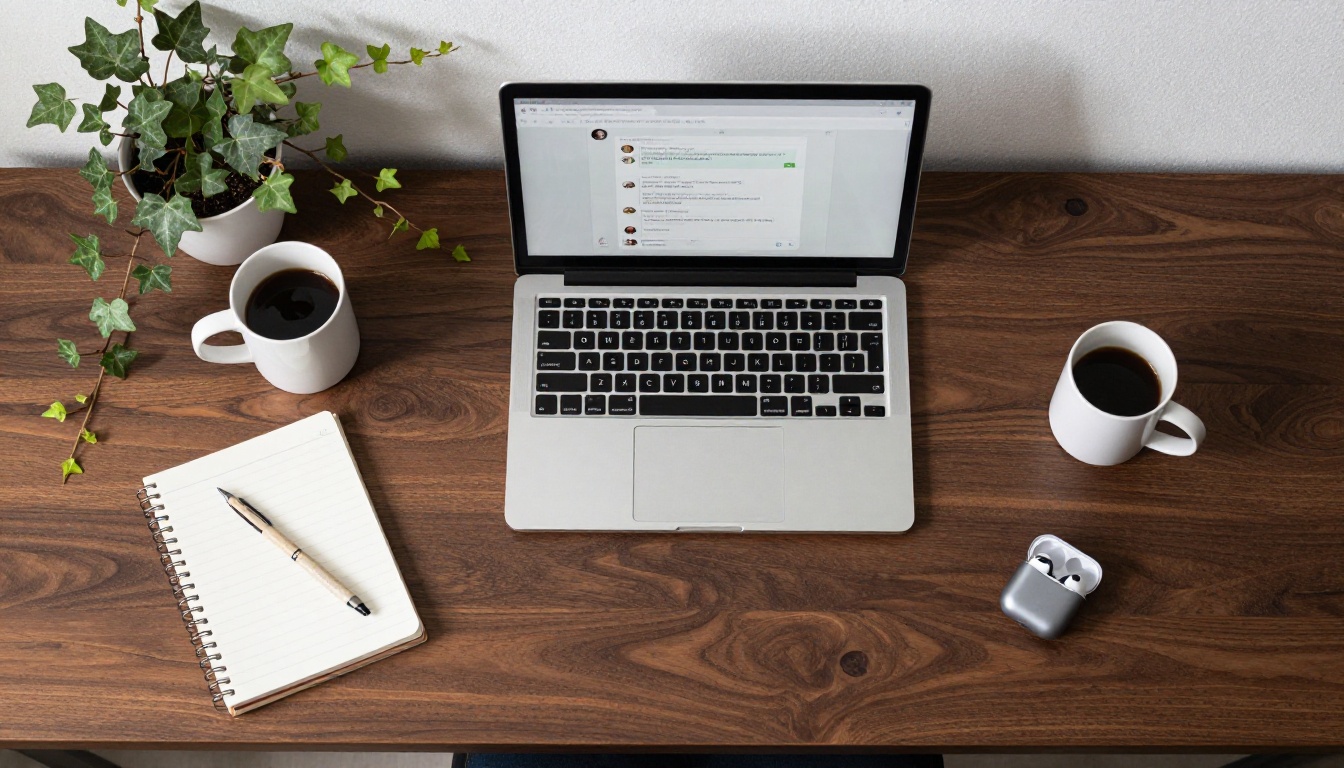 Aerial overhead desk flatlay with laptop showing AI chat interface, coffee, and notebook