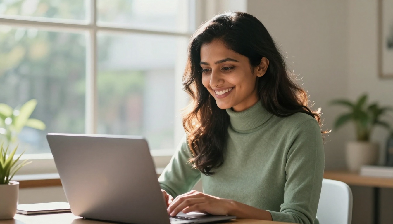 South Asian woman laughing at a successful AI support response on her laptop in a bright home office