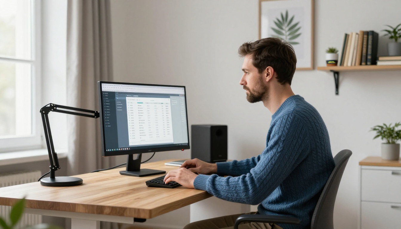 Remote support agent at a Scandinavian-style home office desk with natural window light