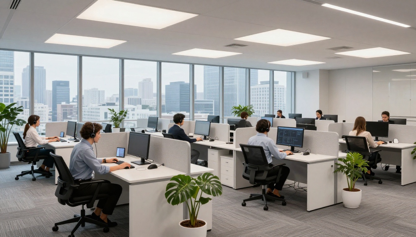 Wide shot of a modern enterprise customer support center with agents at dual-monitor workstations