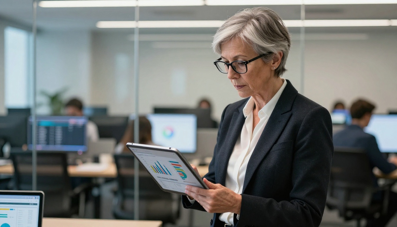 Senior operations manager reviewing AI support performance metrics on a tablet in a glass-walled office