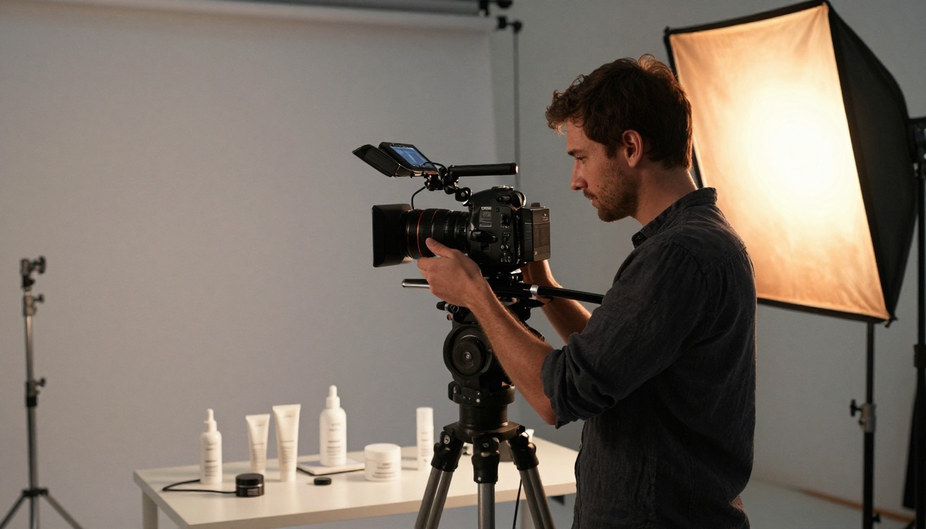 A professional video director adjusting a cinema camera on a product photography set A professional video director adjusting a cinema camera on a product photography set