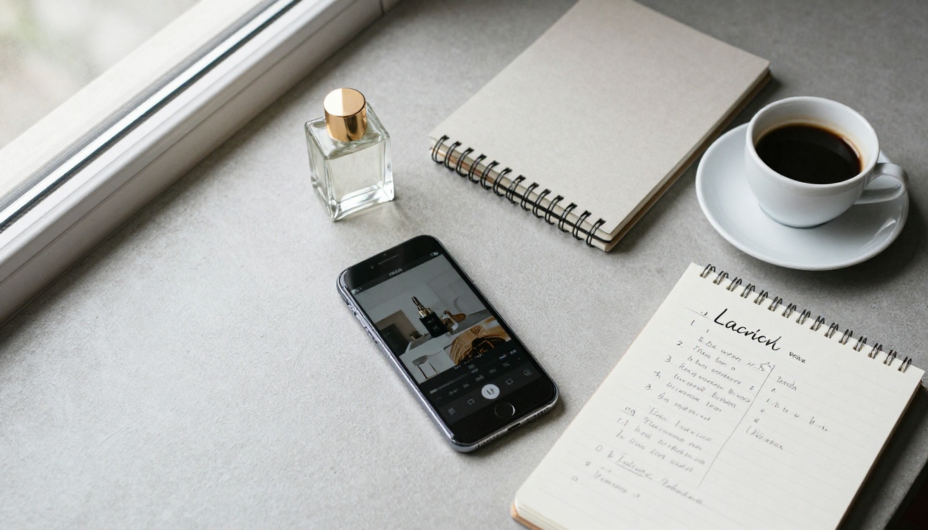 Flat lay desk with smartphone showing a product video, a notebook, and espresso for planning a launch