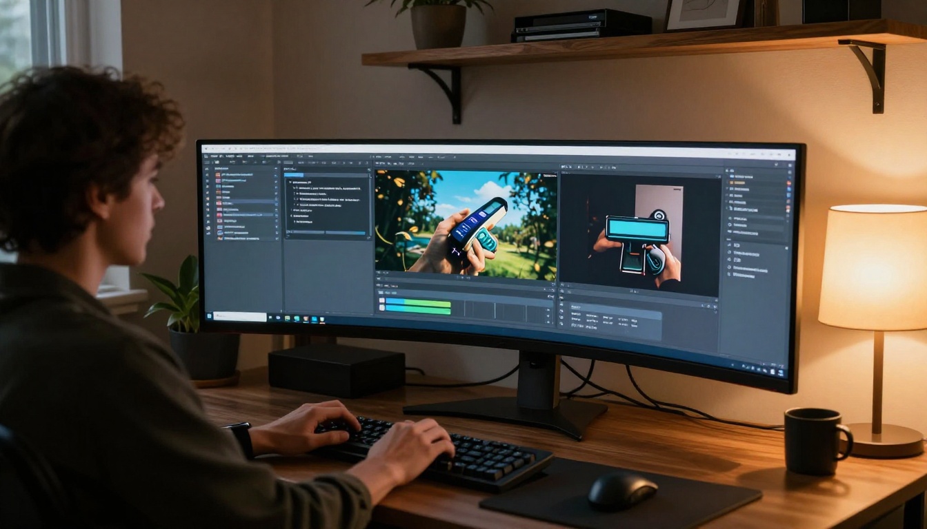 Creative professional using an AI video generation interface on an ultrawide monitor Creative professional using an AI video generation interface on an ultrawide monitor