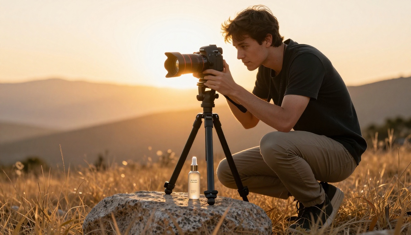 Product photographer shooting a skincare bottle outdoors in golden hour natural light