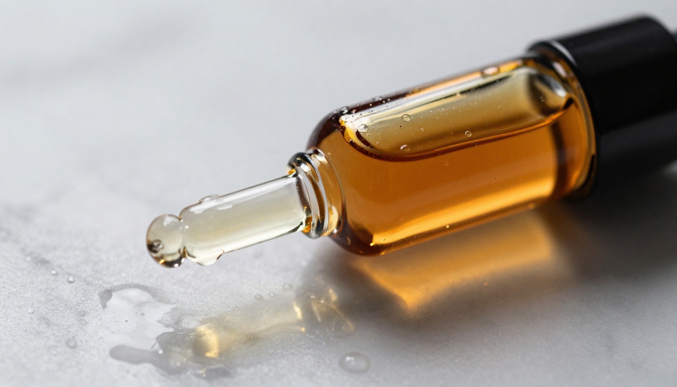 Extreme macro close-up of a serum bottle with water droplets on a marble surface Extreme macro close-up of a serum bottle with water droplets on a marble surface