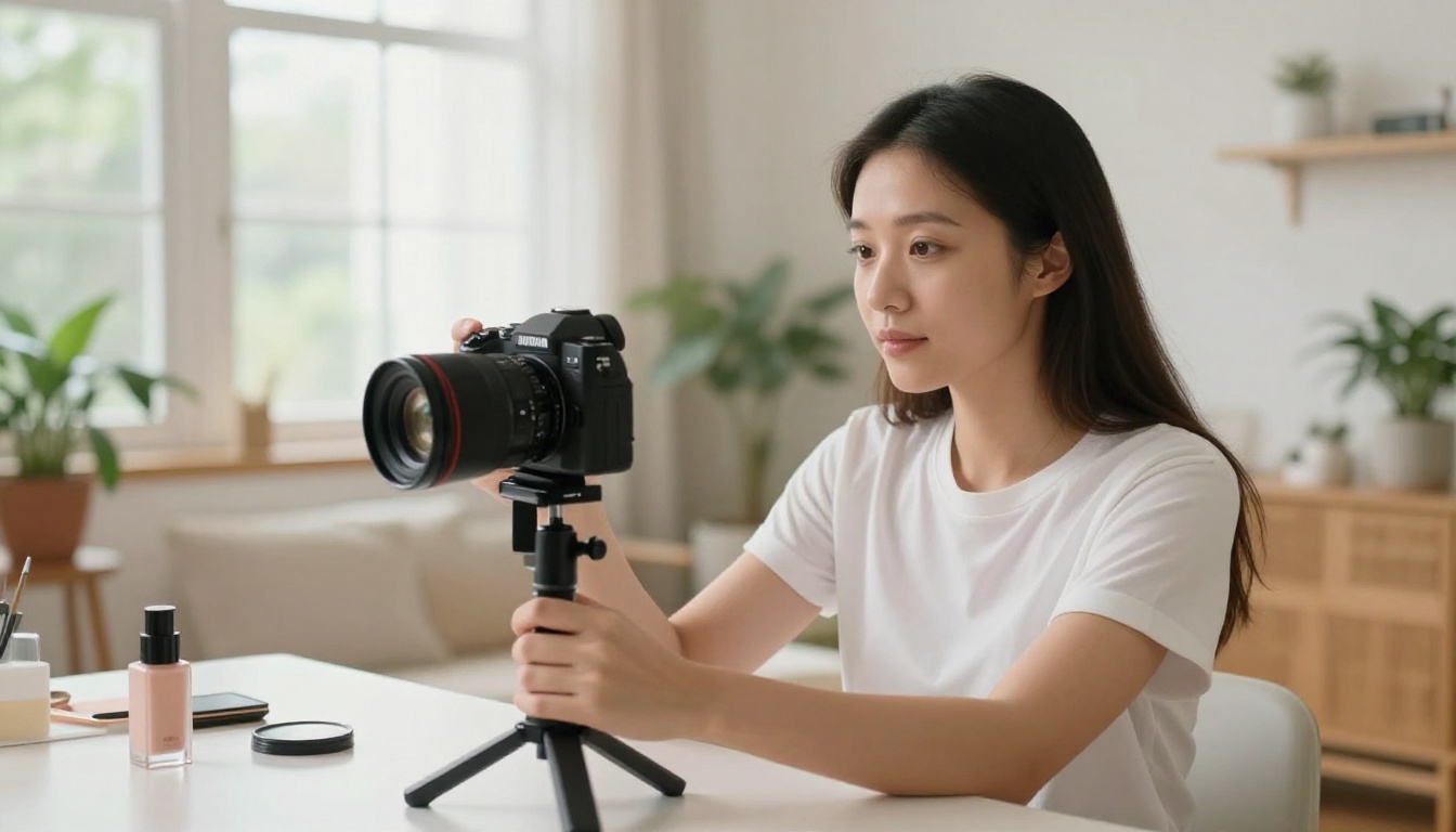 Social media content creator filming a product in a bright apartment with natural daylight