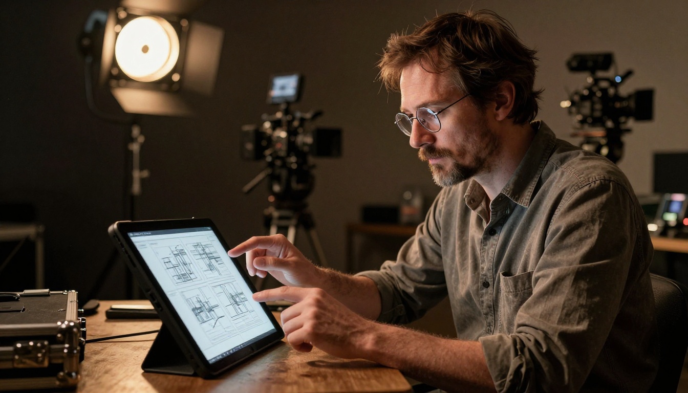 Cinematographer reviewing storyboard frames in a dark film studio