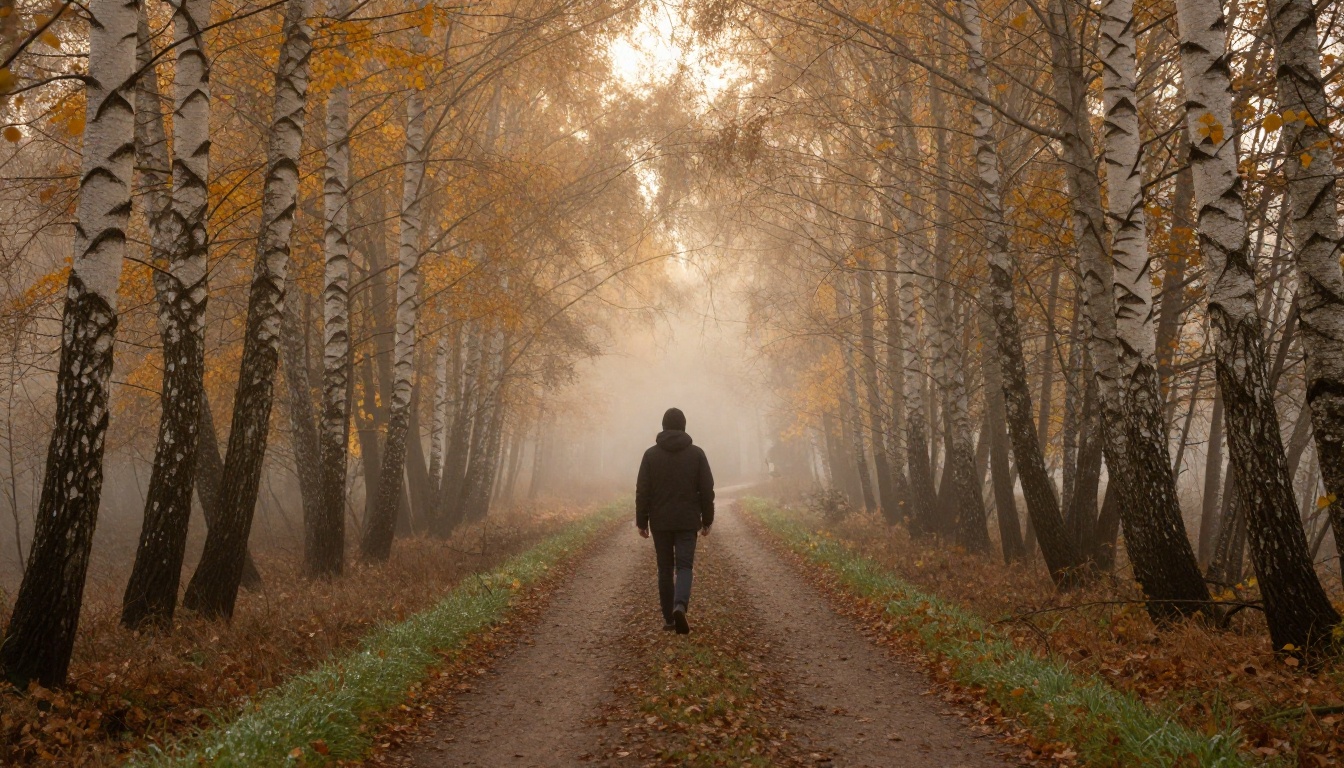 Lone figure walking through misty autumn forest at dawn