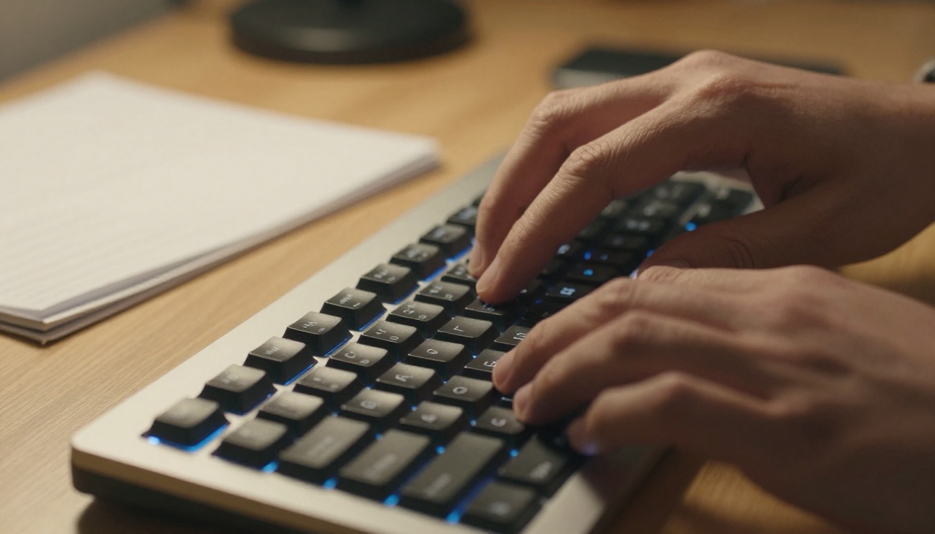 Close-up of hands on mechanical keyboard with handwritten scene notes