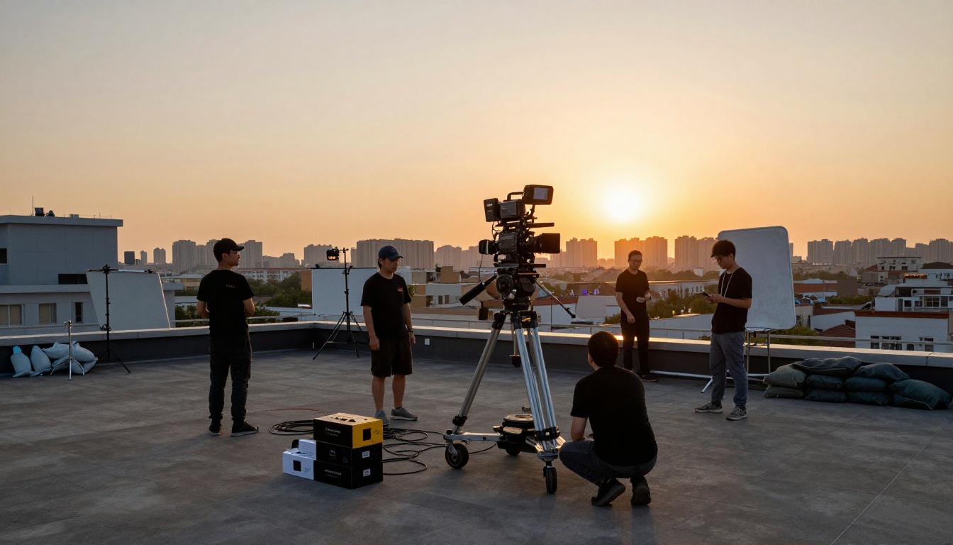 Film production crew setting up on a rooftop at golden hour