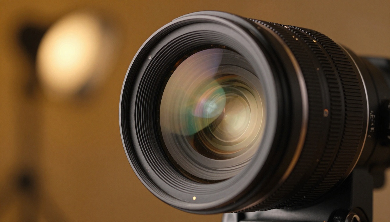Close-up of cinema camera lens with soft production bokeh background