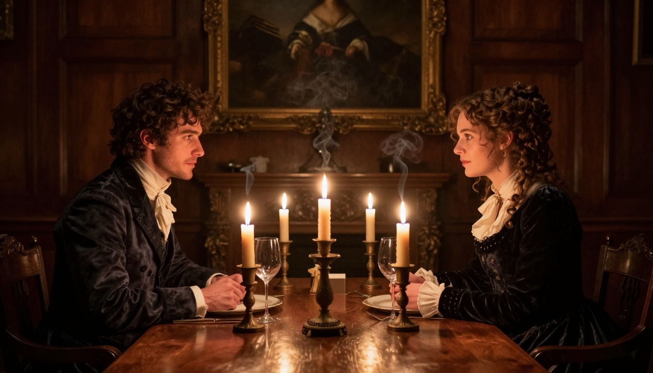 Victorian period drama scene with actors seated by warm candlelight