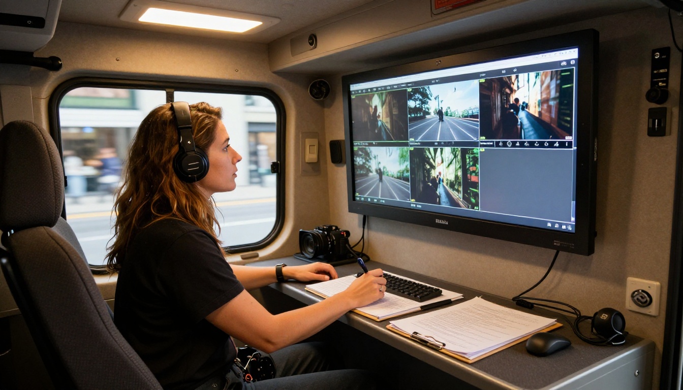 Filmmaker reviewing footage inside a mobile production van at night