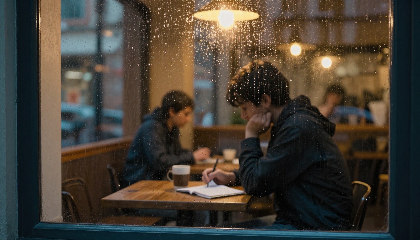 Rain-streaked café window at night with solitary figure inside