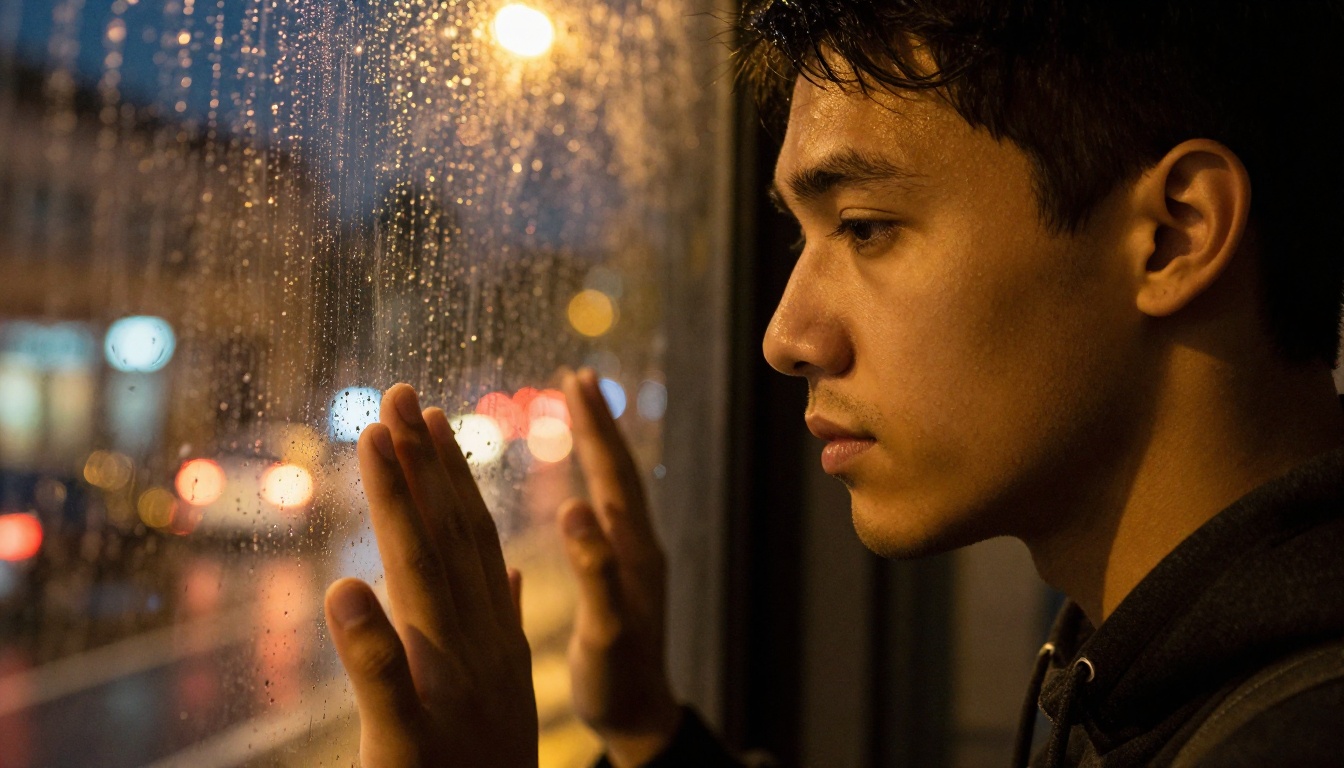 Male vocalist pressing palms against rain-soaked window at night, amber city lights refracting through glass droplets, half his face in gold relief