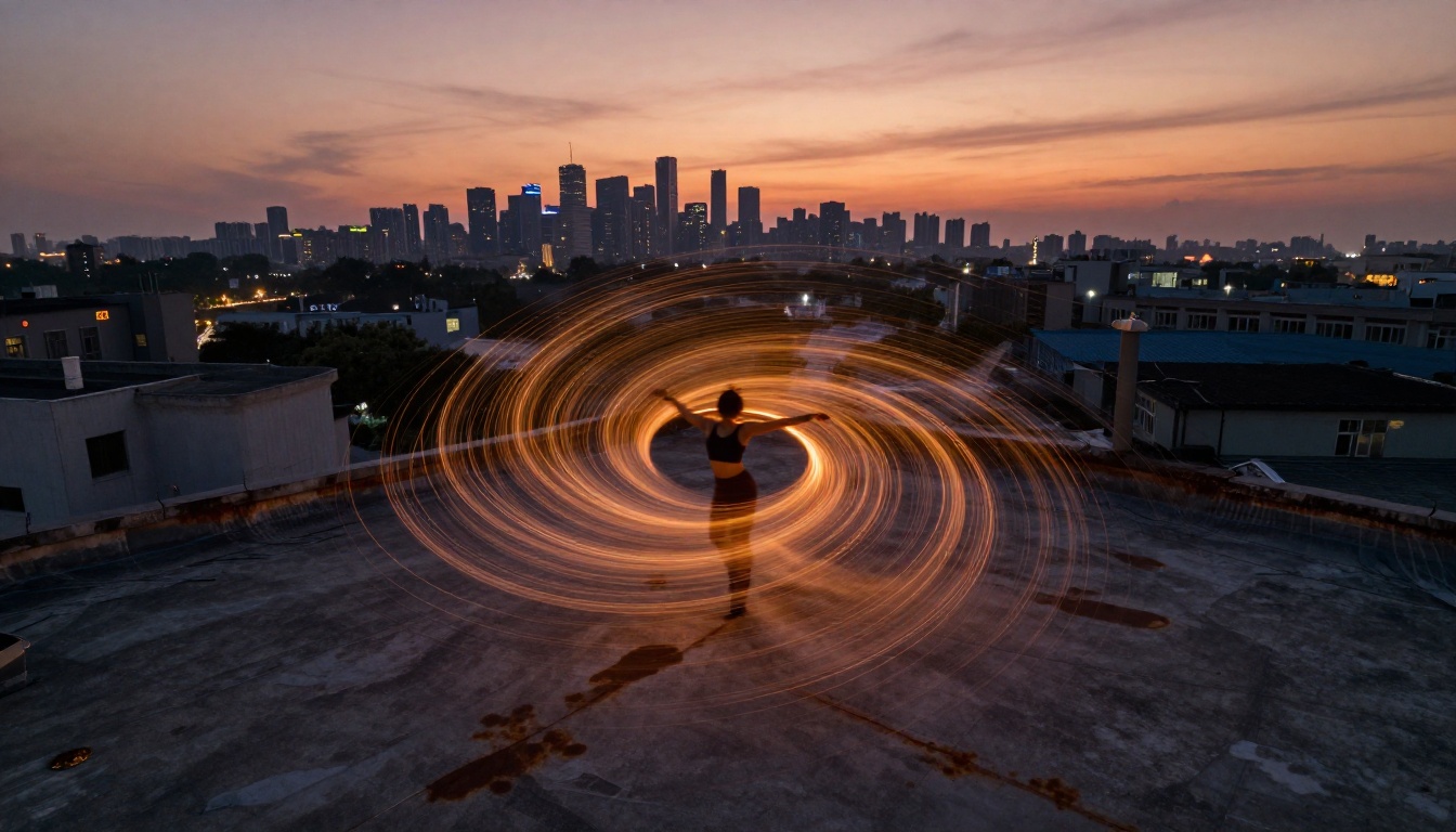 Aerial overhead view of lone dancer spinning on concrete rooftop at dusk, city skyline in amber and rose light, motion trails orbiting the figure
