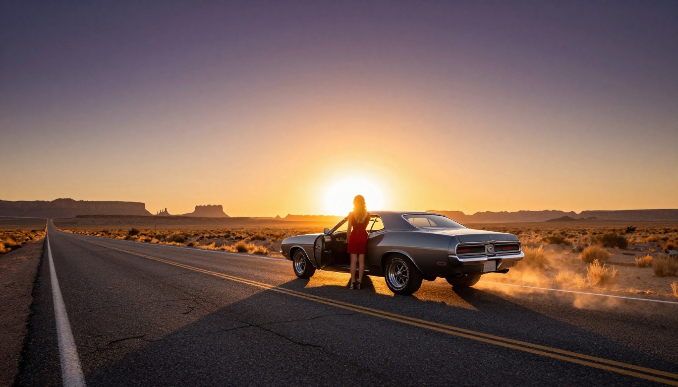 Woman in red dress standing beside vintage muscle car on empty desert highway at golden hour, heat shimmer on asphalt, dust particles in dusk light