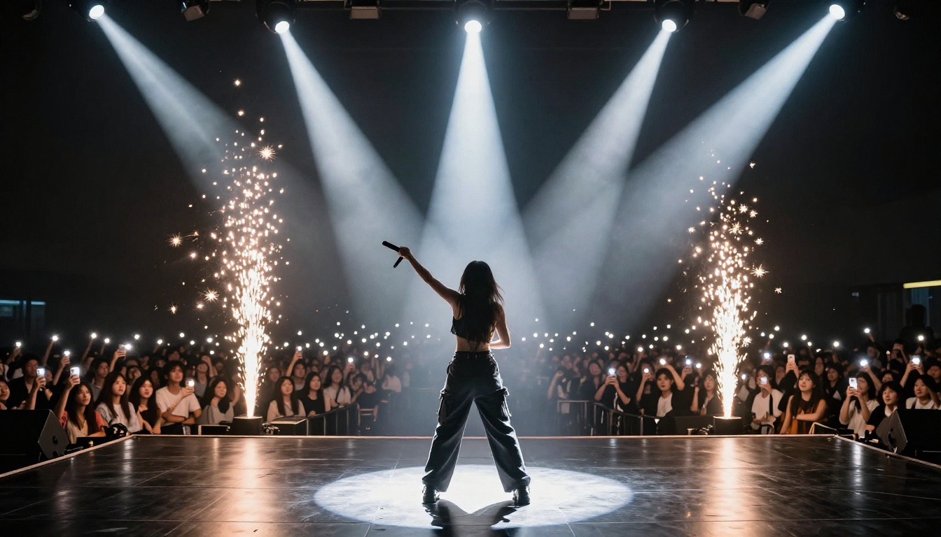 Female performer on concert stage seen from low angle below, three spotlights creating halo, pyrotechnic sparks frozen mid-burst on both sides, crowd of phone flashlights below