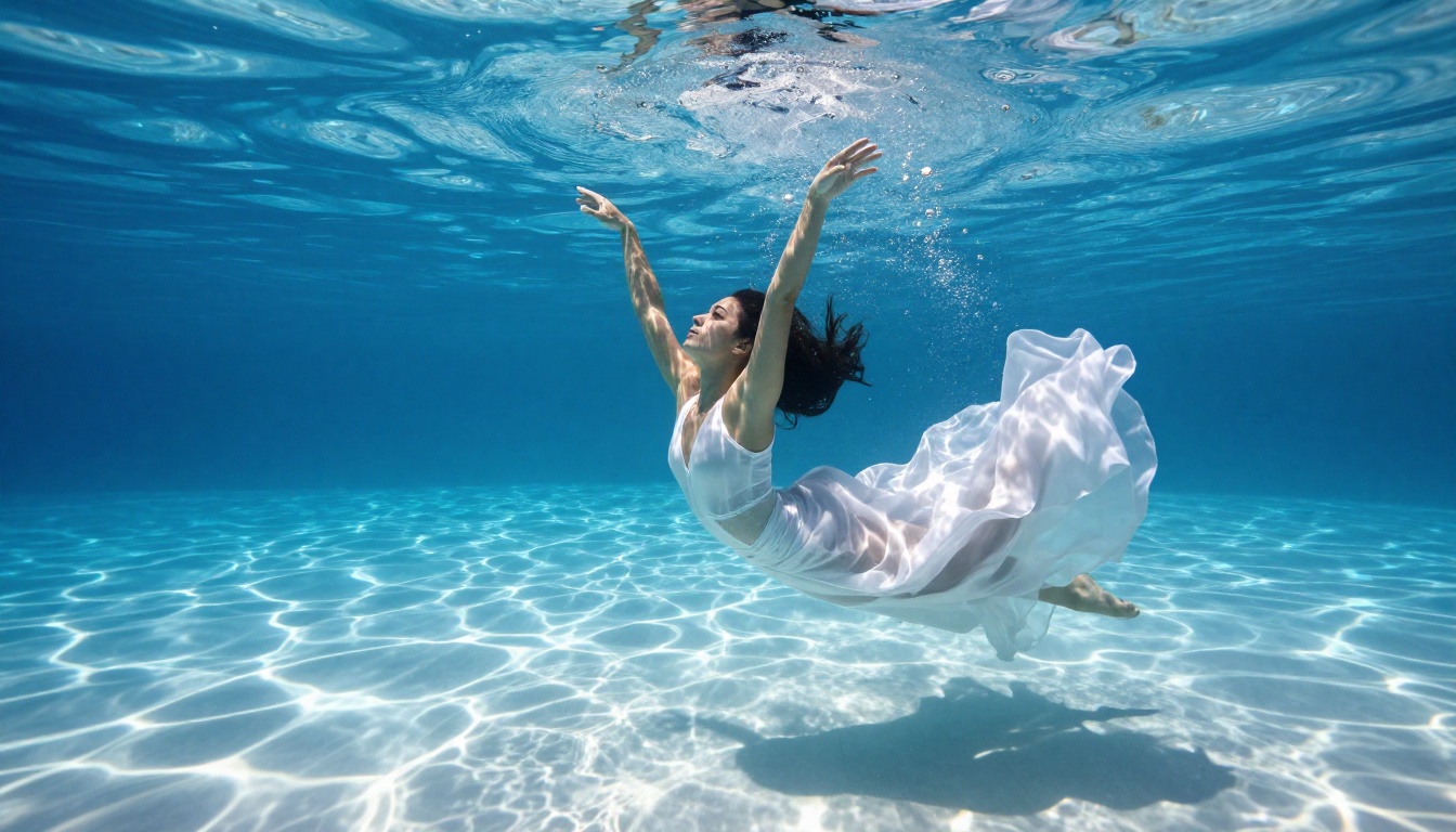 Female dancer submerged in clear blue pool, arms extended upward, sunlight refracting caustic light patterns across skin, white chiffon billowing around her