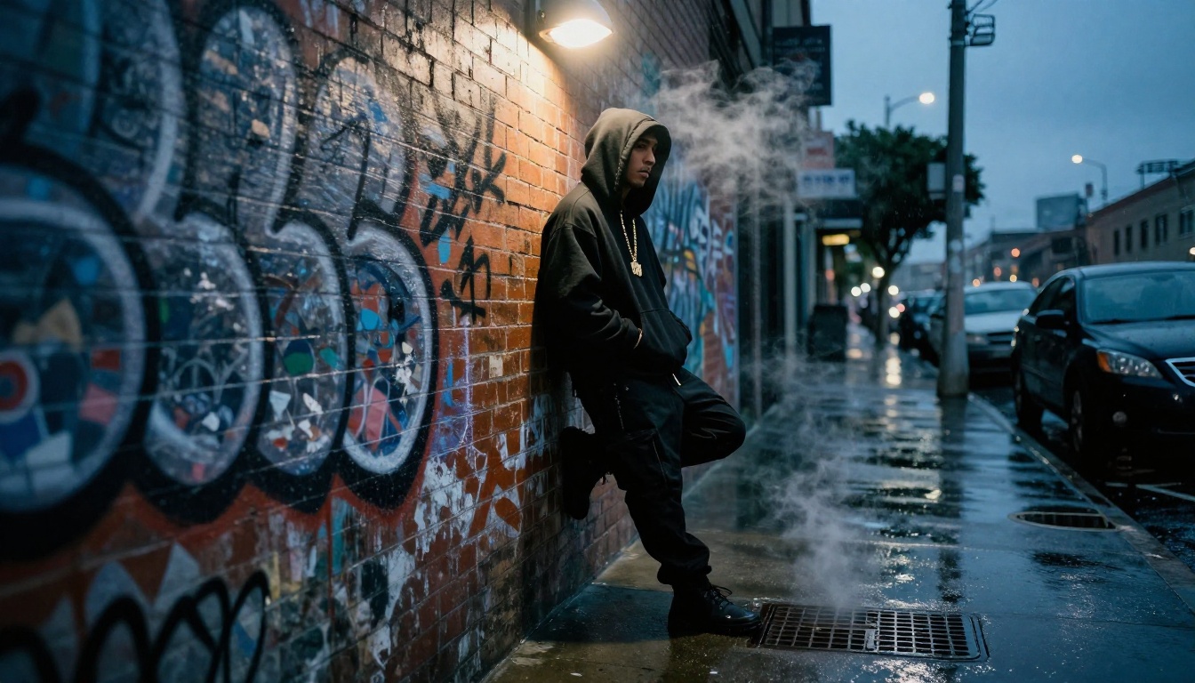 Male rapper in all-black streetwear leaning on weathered graffiti wall at blue hour, gold chain under single overhead spotlight, steam rising from manhole cover in foreground