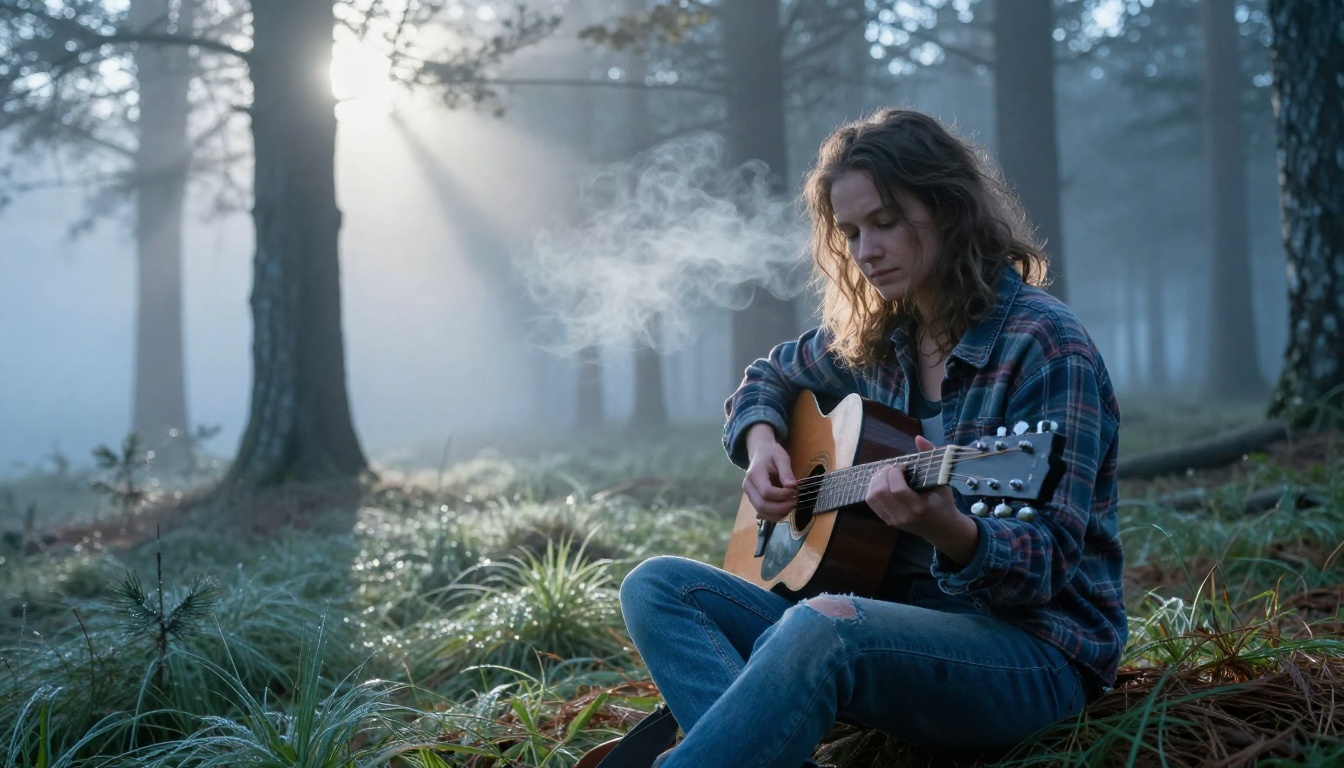 Female guitarist in vintage flannel shirt sitting in forest clearing at dawn, godray shafts of cold blue light through pine trees, breath visible as vapor in the cold air