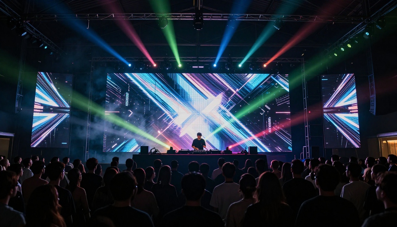 DJ performing behind massive LED wall at midnight warehouse party, crowd silhouetted in colored panel light, smoke machine haze catching the beams