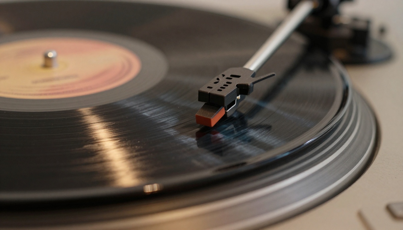 Extreme macro close-up of vinyl record spinning on turntable, needle resting in groove in microscopic detail, warm lamp light from left, dust particles in lamplight beam