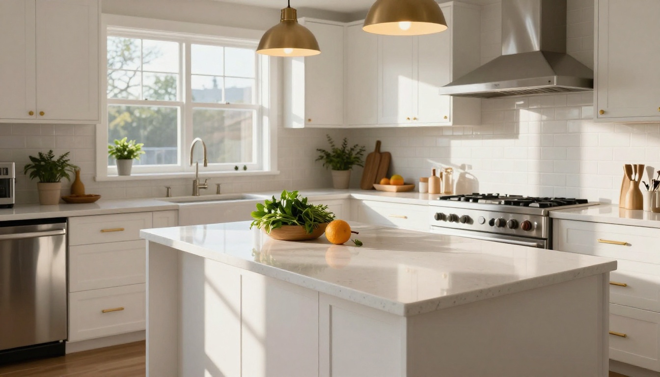 Modern high-end kitchen with white shaker cabinets, quartz waterfall island, and gold fixtures for real estate listing