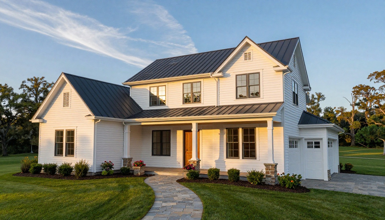 Modern farmhouse exterior at golden hour with board-and-batten siding, charcoal metal roof, and manicured landscaping