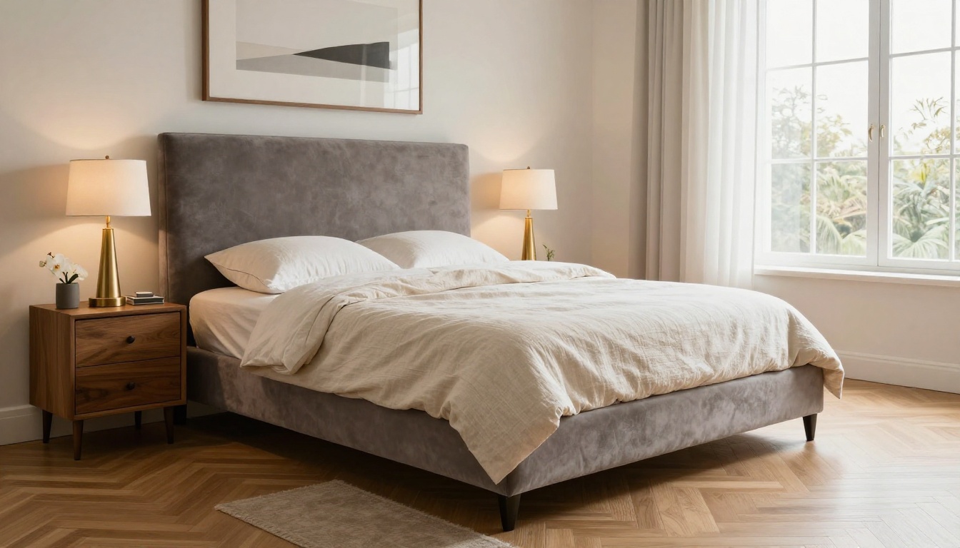 Luxurious primary bedroom with dove-grey velvet headboard, layered linen bedding, and soft window light for property listing