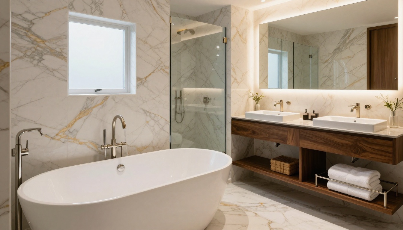 Luxury bathroom with freestanding oval soaking tub, Calacatta gold marble tiles, and brushed nickel fixtures for real estate photography
