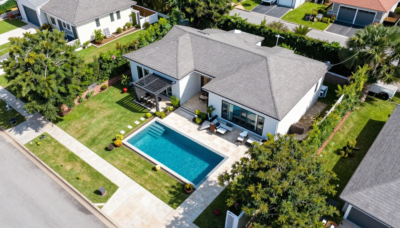 Aerial drone view of residential property with swimming pool, manicured garden, and tree-lined suburban street
