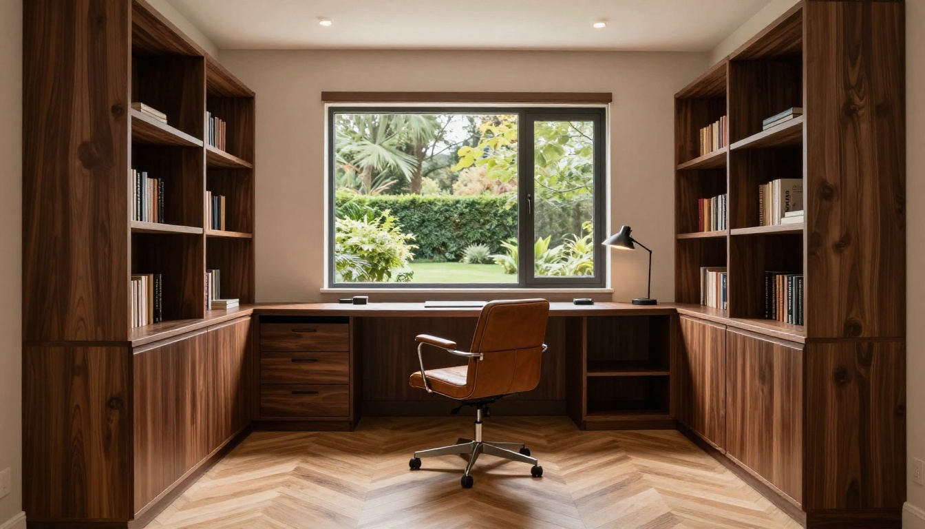 Stylish home office with dark walnut built-in shelving, leather chair, and peaceful garden view for real estate staging