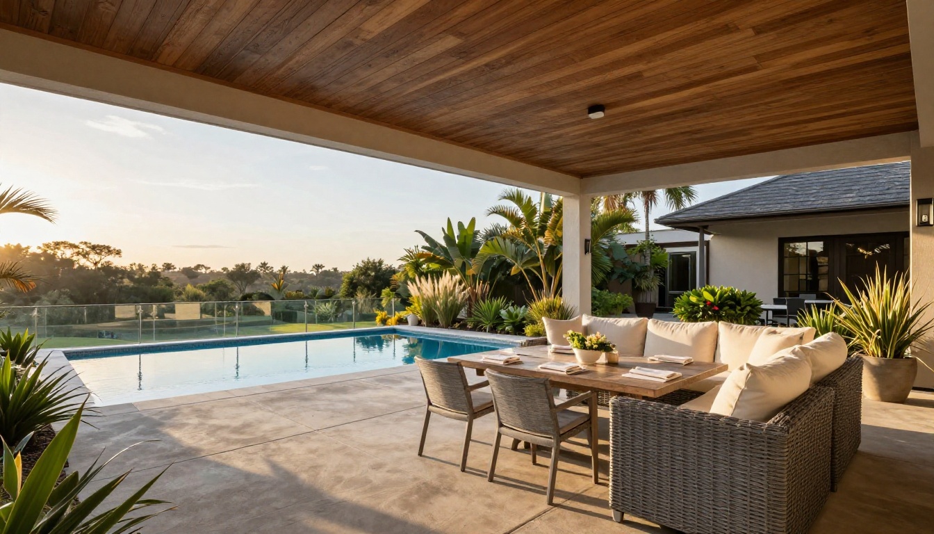 Outdoor covered patio with infinity pool, wicker sectional sofa, and tropical landscaping at golden hour
