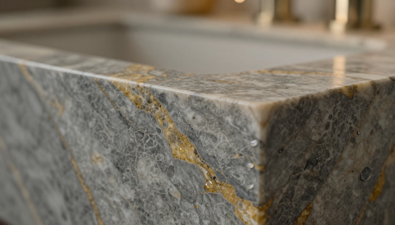 Close-up macro detail of Calacatta marble with gold veining and brushed nickel faucet hardware for real estate interior photography