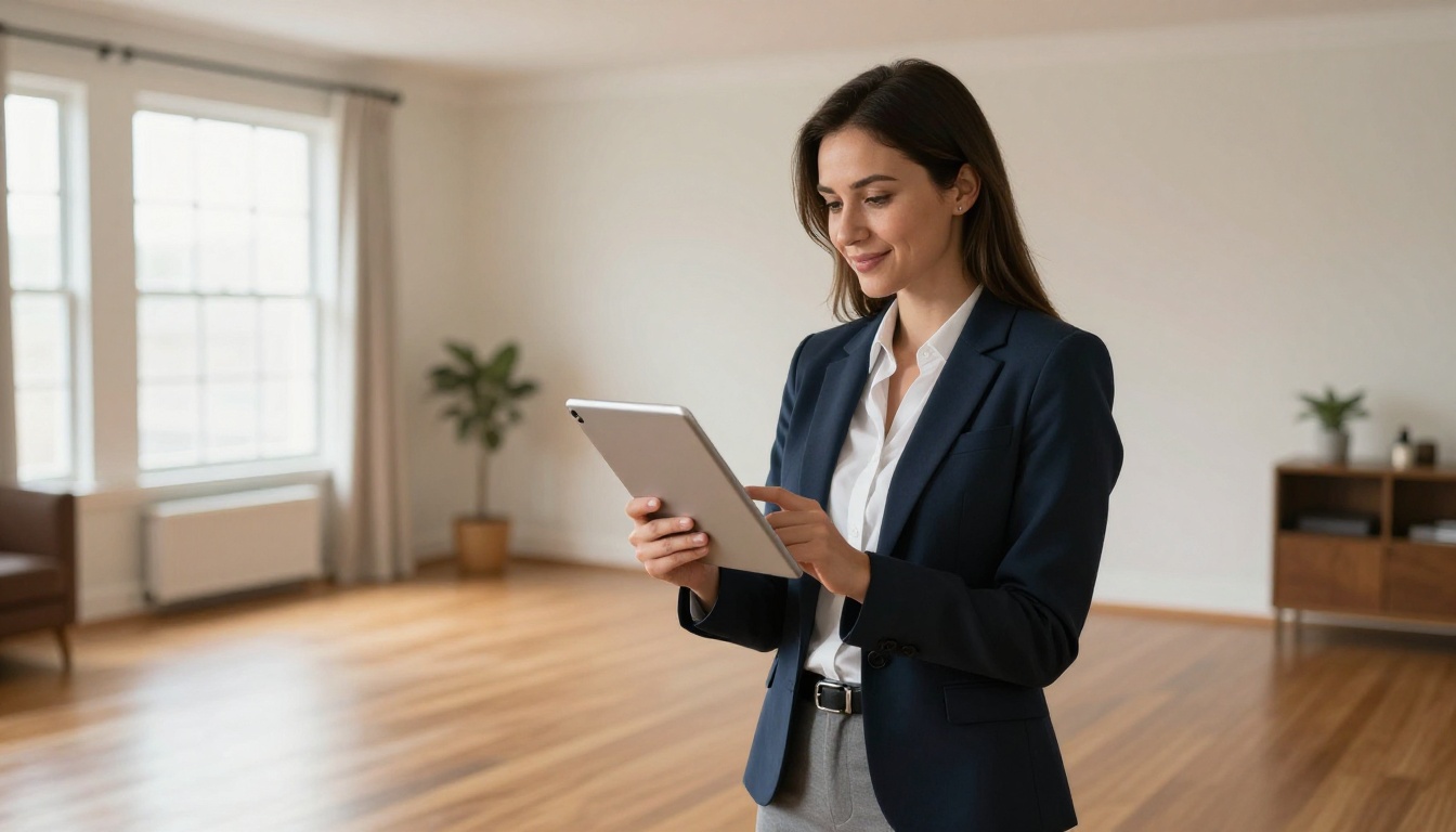 Professional real estate agent reviewing property listing photographs on tablet in empty staged living room
