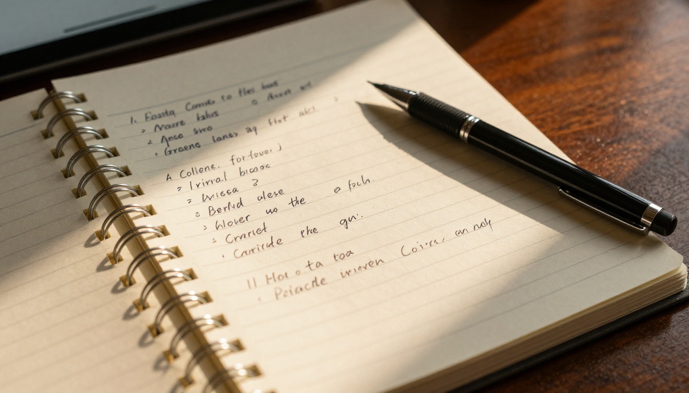 Close-up of handwritten notes on paper alongside tablet with organized AI-generated bullet points