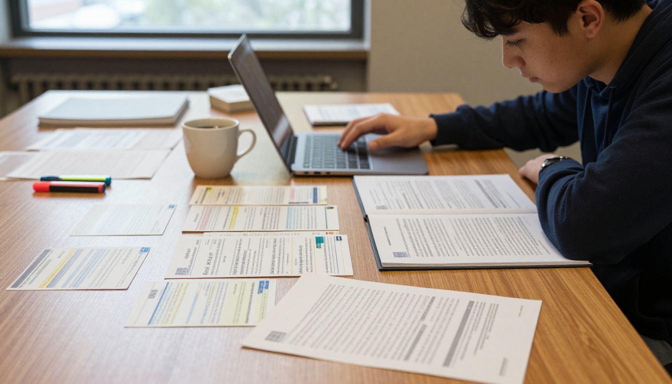 Student at library table reviewing organized notes and flashcards beside laptop