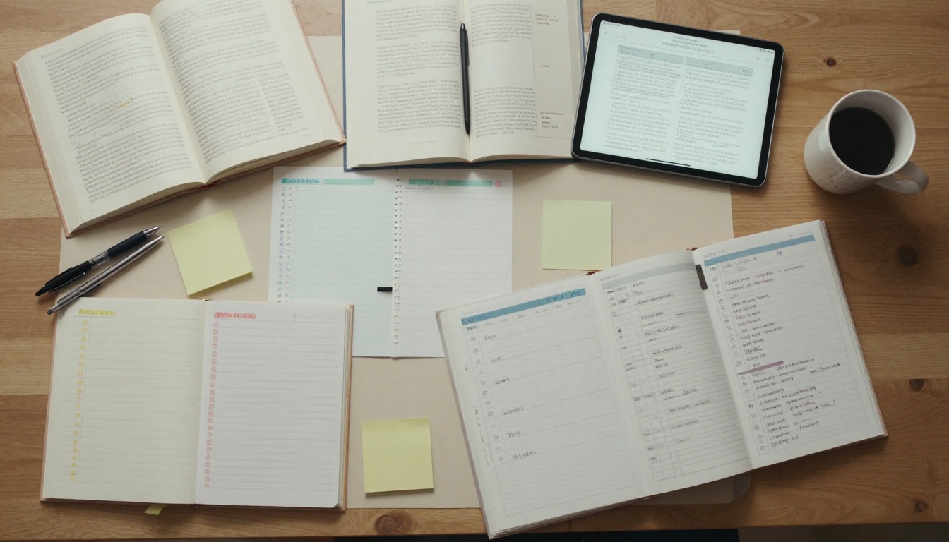 Aerial overhead view of organized study desk with color-coded notes, open textbooks, and a steaming mug