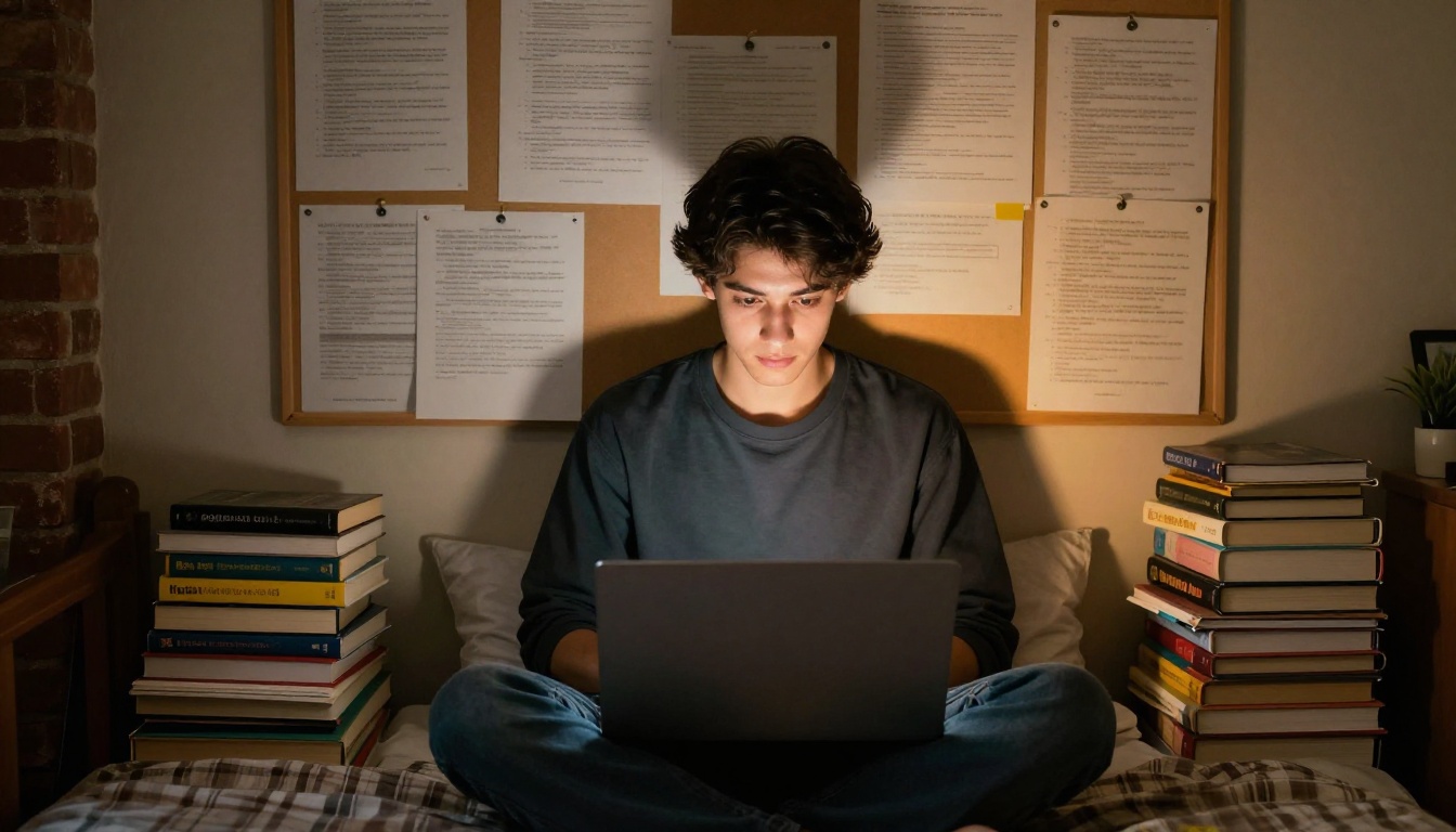 Young male student studying cross-legged on dorm bed with laptop and corkboard notes in warm lamp light