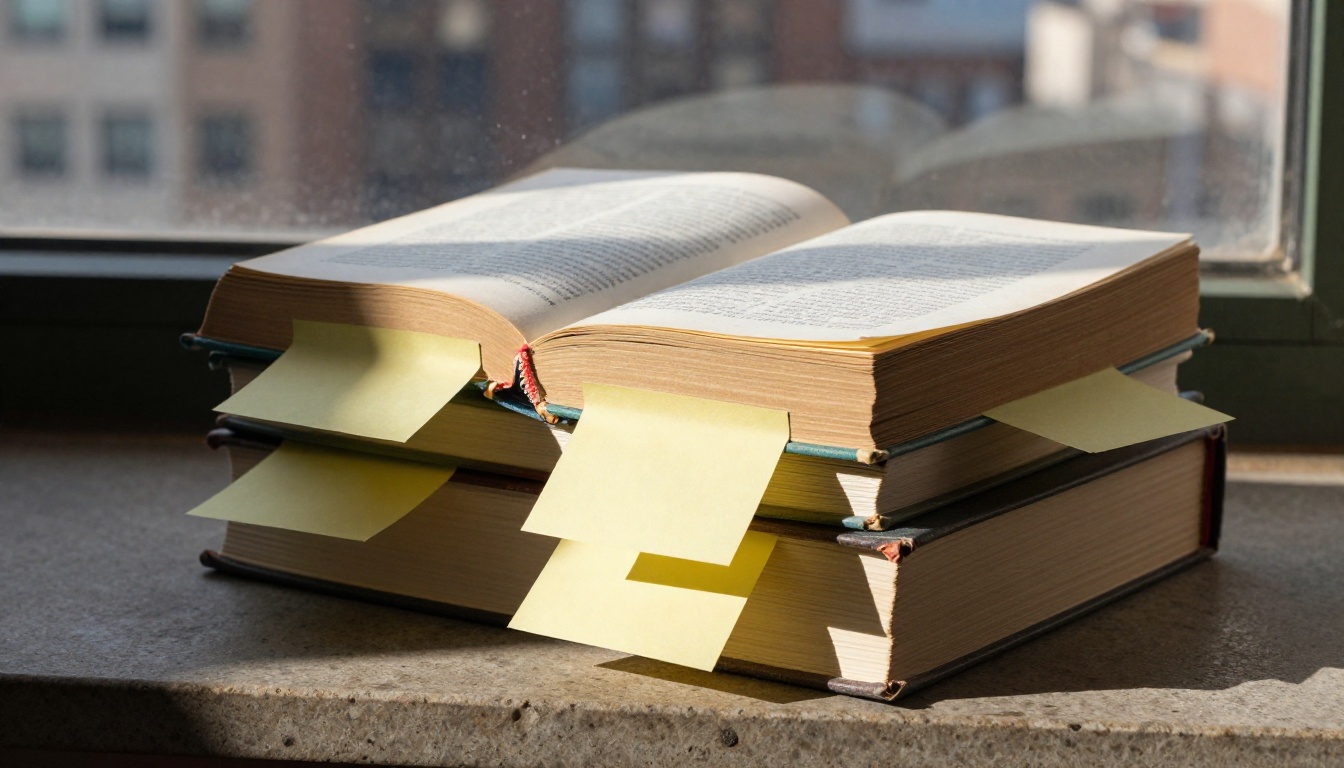 Stack of heavy academic textbooks with colorful sticky note tabs on a sunlit stone windowsill with city view